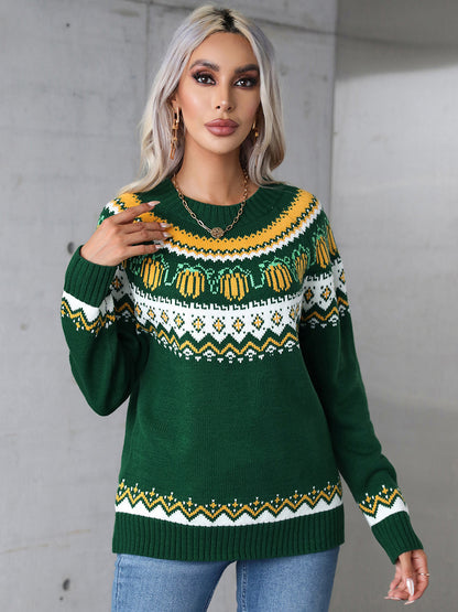 Angel Wings Geometric Round Neck Long Sleeve Sweater  Trendsi Dark Green S 