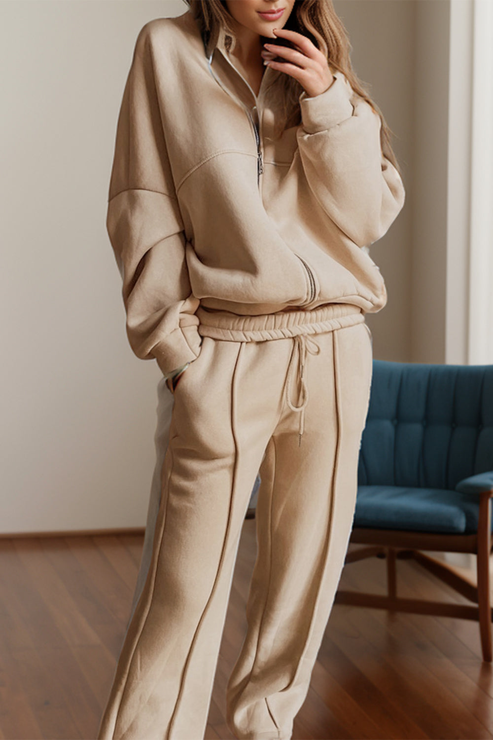 Zip Up Long Sleeve Top and Pants Set  Trendsi Tan S 