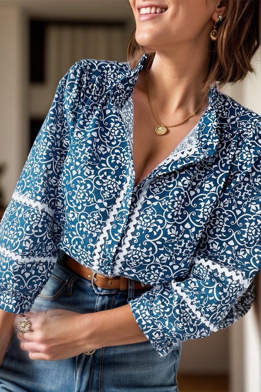 Printed Mock Neck Long Sleeve Blouse Blouse Trendsi Peacock  Blue S 