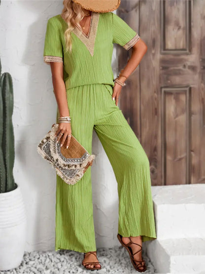 V-Neck Short Sleeve Top and Pants Set