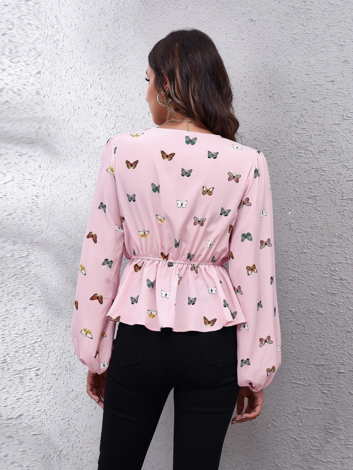 Butterfly V-Neck Balloon Sleeve Peplum Blouse Blouse Trendsi   