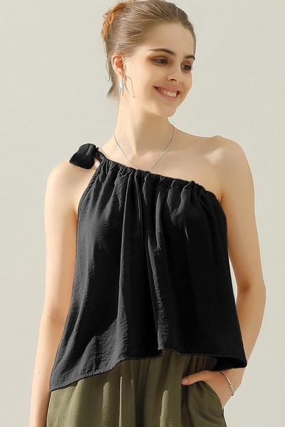 Ninexis One Shoulder Bow Tie Strap Satin Silk Top Blouse Trendsi Black S 