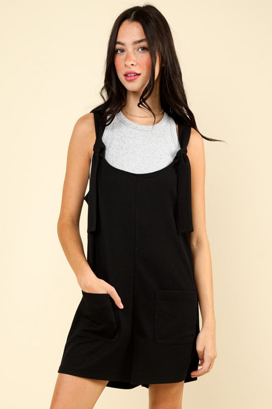 VERY J Tie Shoulder Front Pocket Romper  Trendsi Black S 