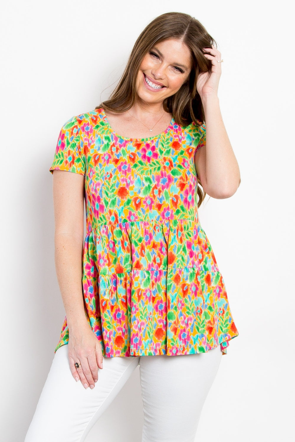 Be Stage Floral Short Sleeve Babydoll Top  Trendsi Lime S 