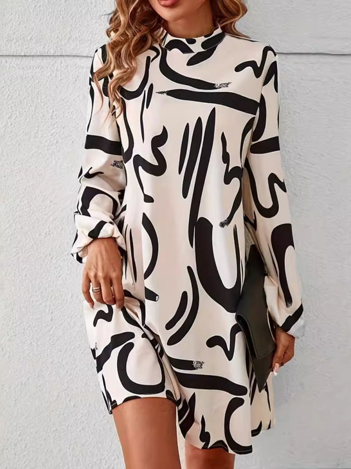 Printed Mock Neck Long Sleeve Mini Dress  Trendsi Cream S 