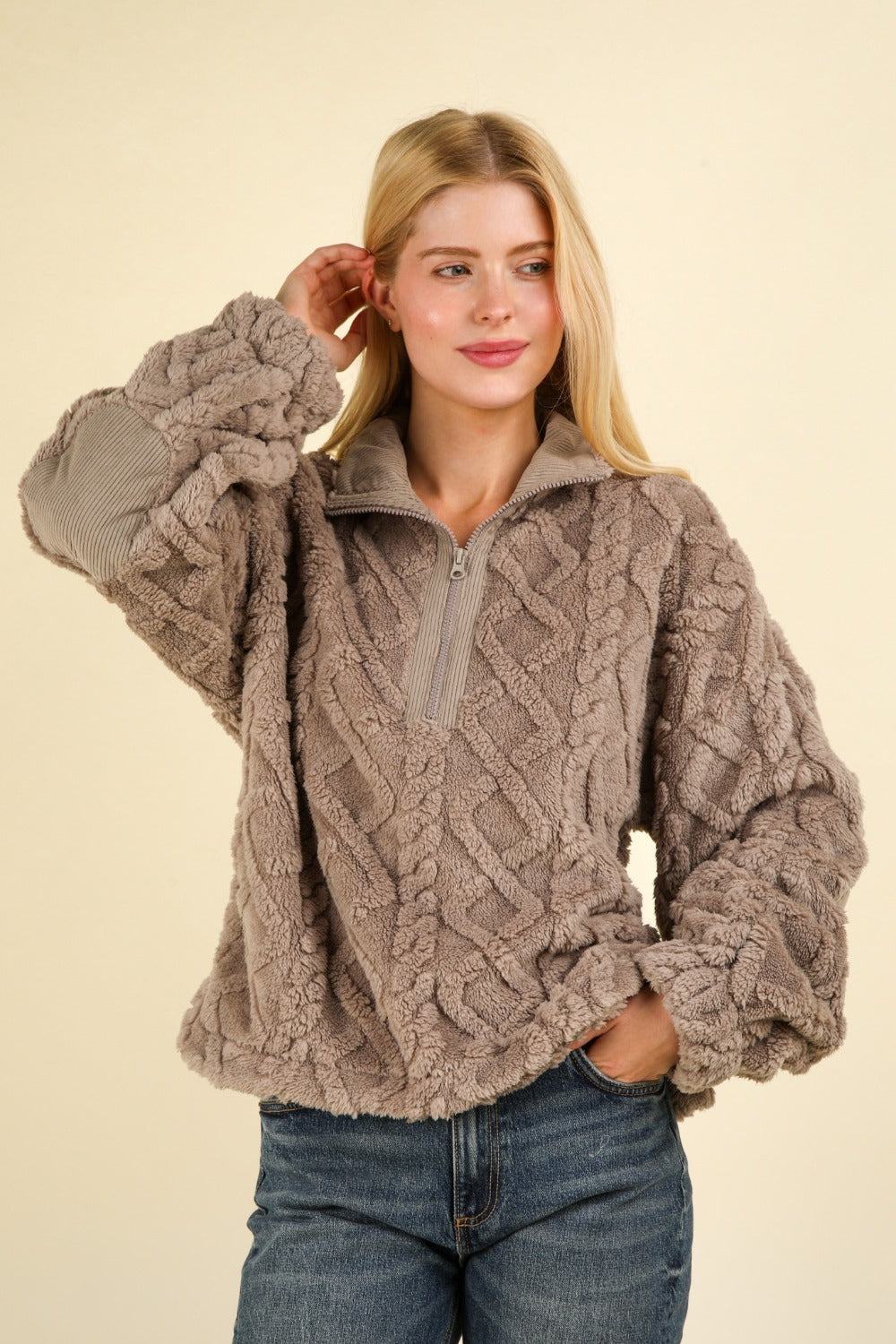 VERY J Fuzzy Fleece Half Zip Cable Pattern Sweatshirt Luxe Trendsi   