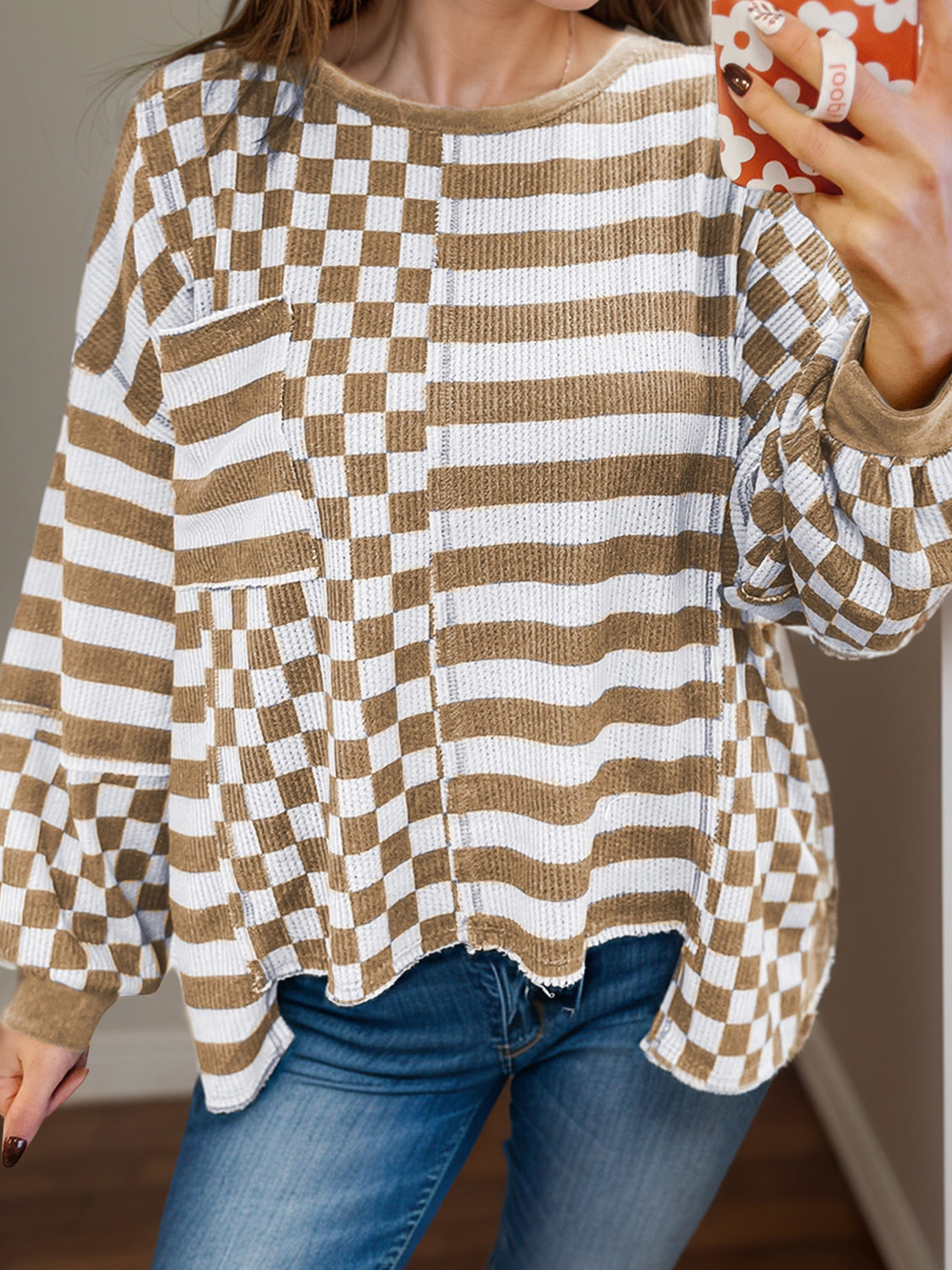 Checker & Stripes Round Neck Long Sleeve Blouse  Trendsi Camel S 