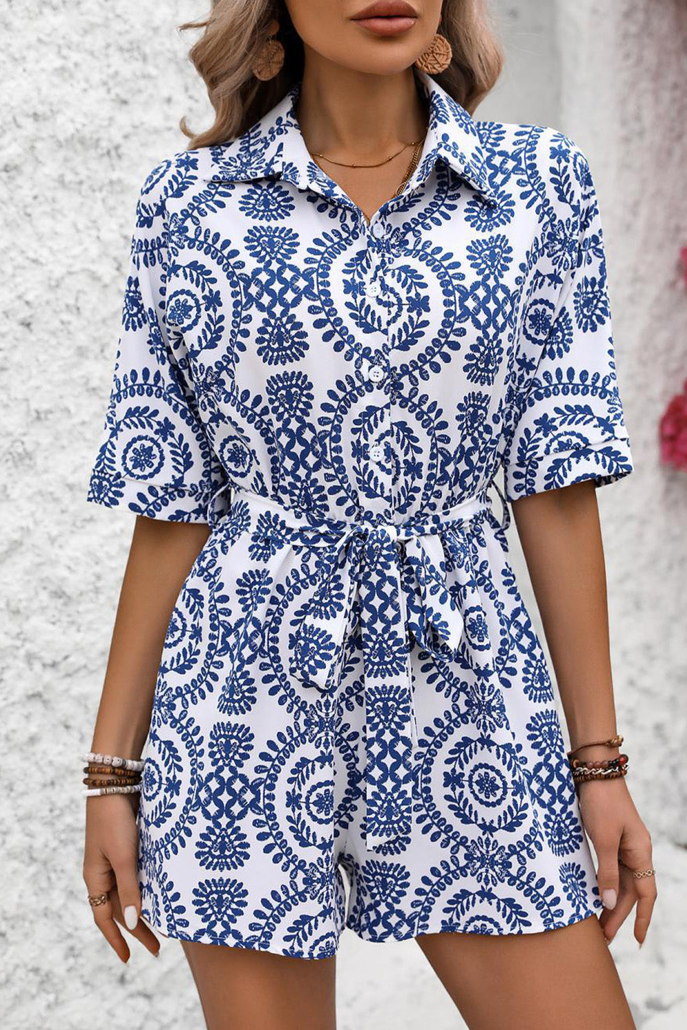 Tied Printed Short Sleeve Romper  Trendsi   