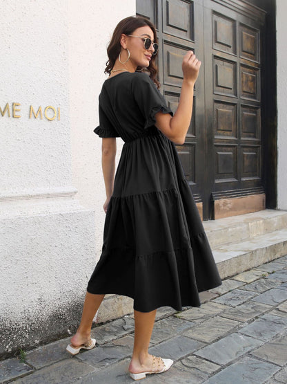 V-Neck Short Sleeve Midi Dress Dress Trendsi   