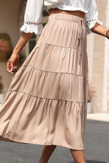 Perfee Elastic Waist Tiered Midi Skirt