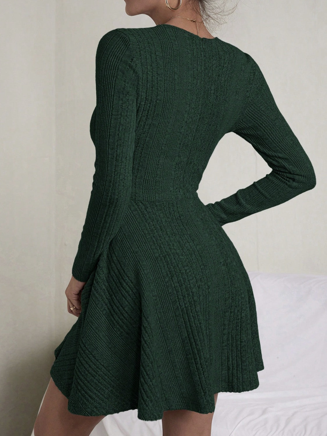 Textured Round Neck Long Sleeve Dress  Trendsi   