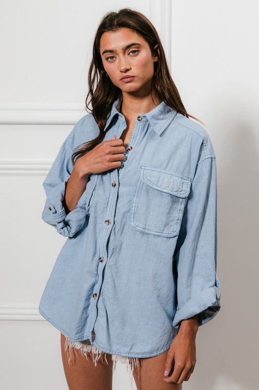 BiBi Button Down Stitch Detail Shirt with Chest Pockets Luxe Trendsi Denim S 