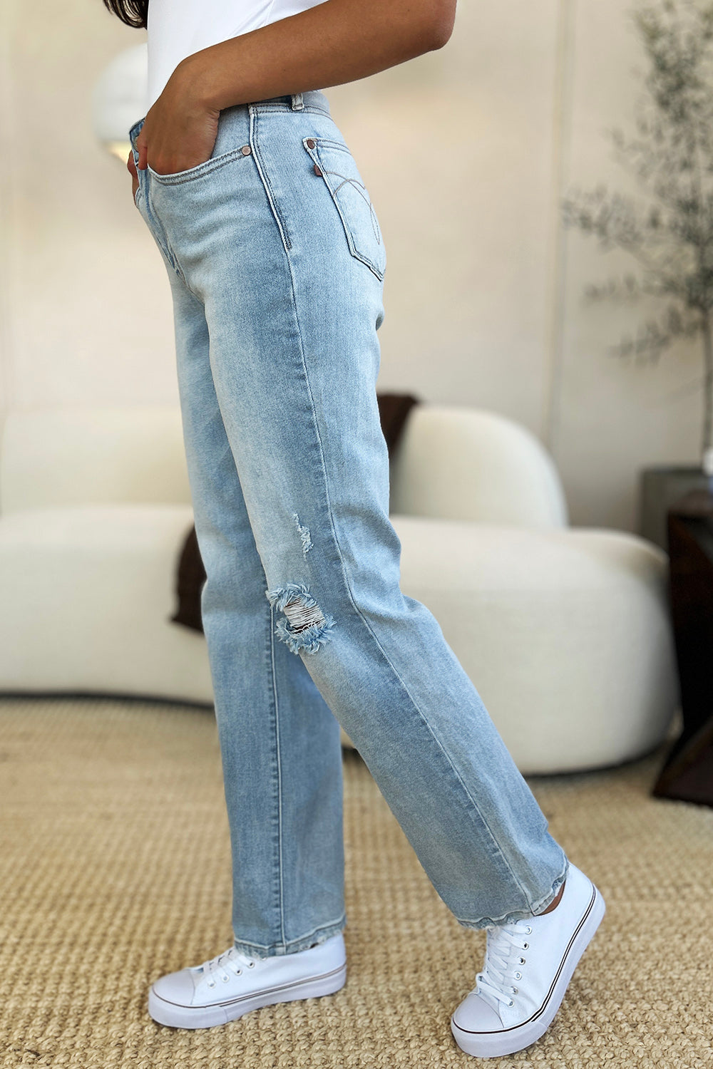 Judy Blue Full Size High Waist Distressed Straight Jeans  Trendsi   