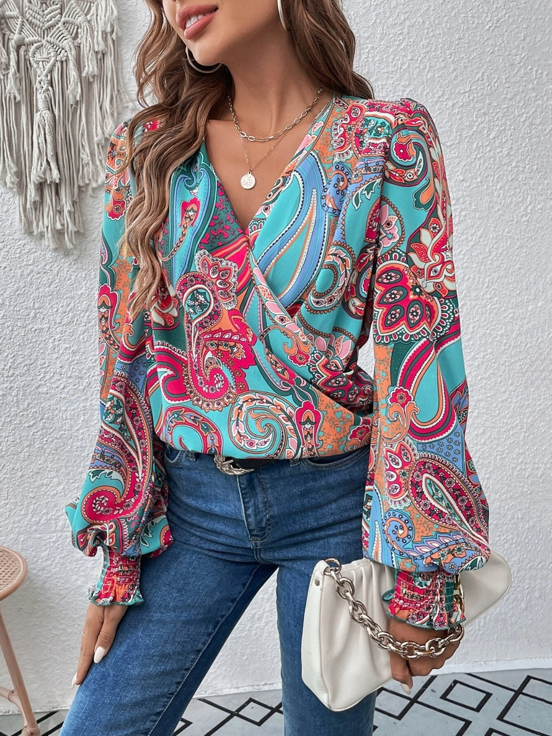 Printed Surplice Smocked Lantern Sleeve Blouse Blouse Trendsi   