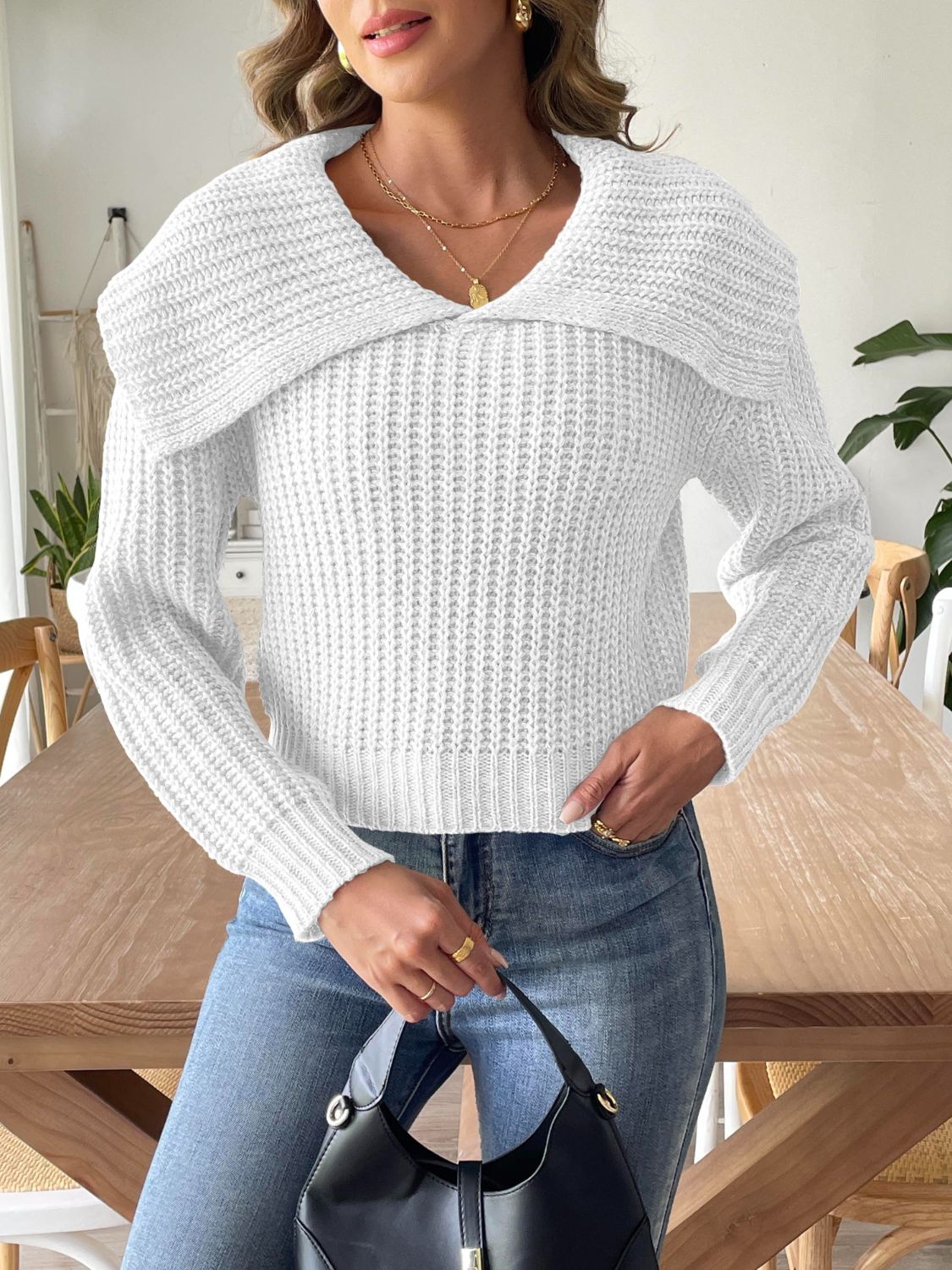 Cable-Knit Long Sleeve Sweater  Trendsi White S 