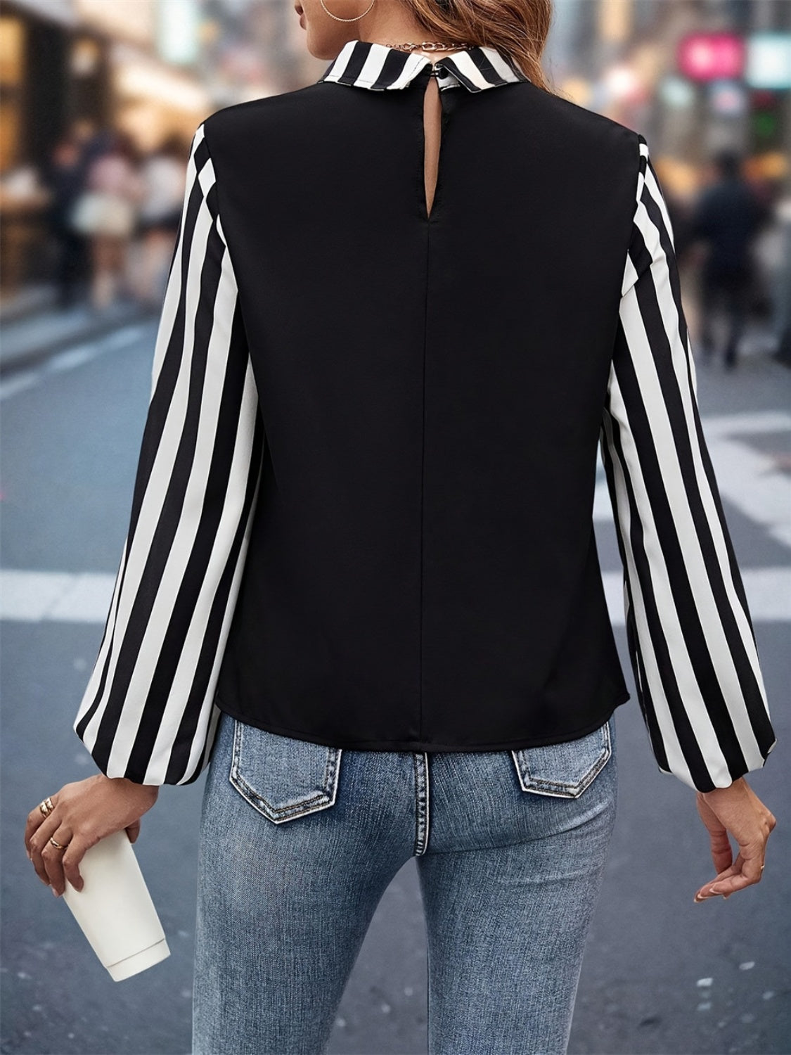 Striped Collared Neck Long Sleeve Blouse  Trendsi   