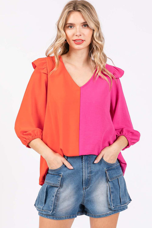 GeeGee Full Size Ruffle Trim Contrast Blouse  Trendsi Orange/Fuchsia S 