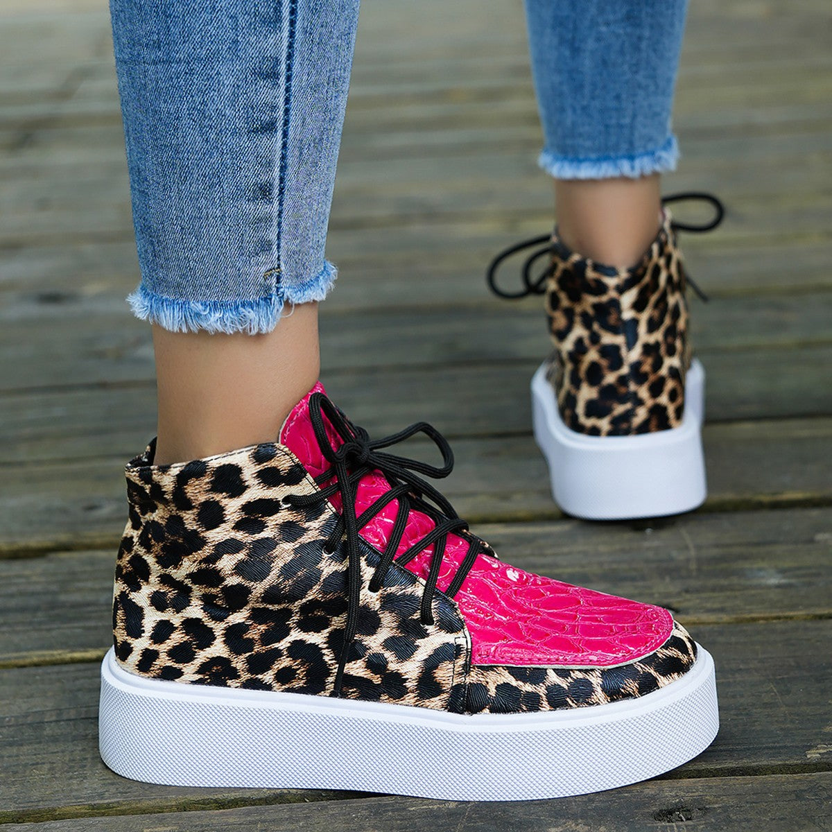 PU Leather Leopard Platform Sneakers  Trendsi   