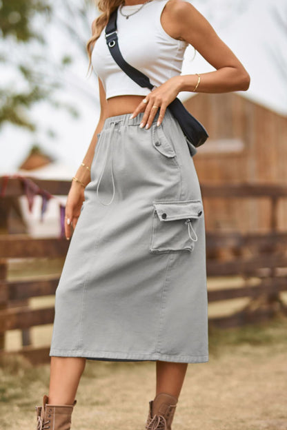 Drawstring Waist Slit Denim Skirt  Trendsi   