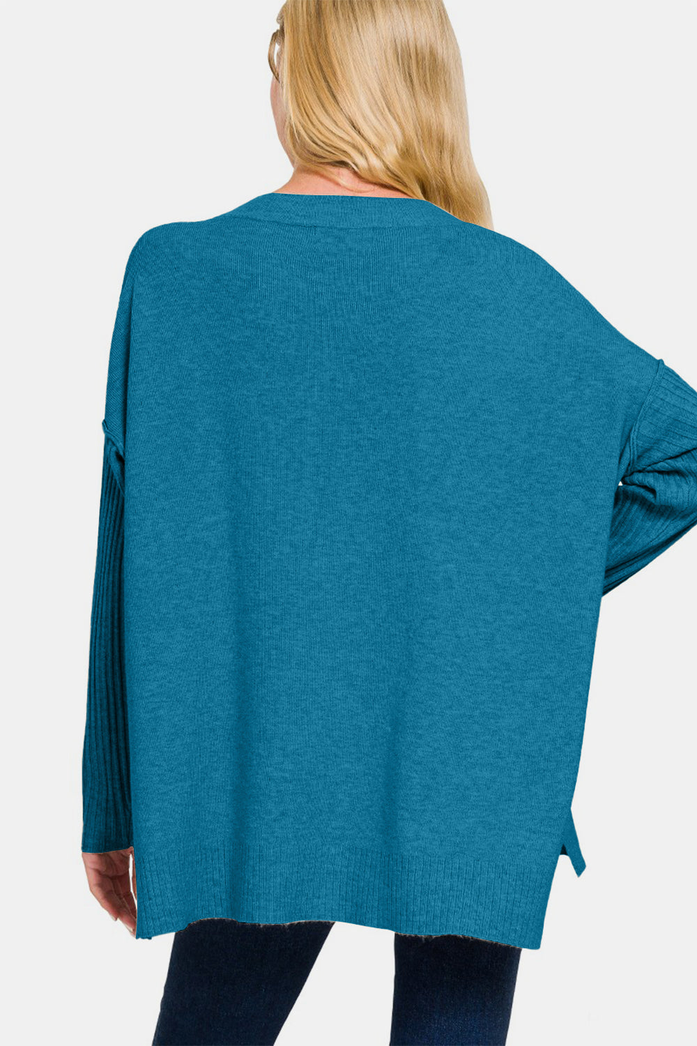 Zenana V-Neck Side Slit High-Low Sweater  Trendsi   