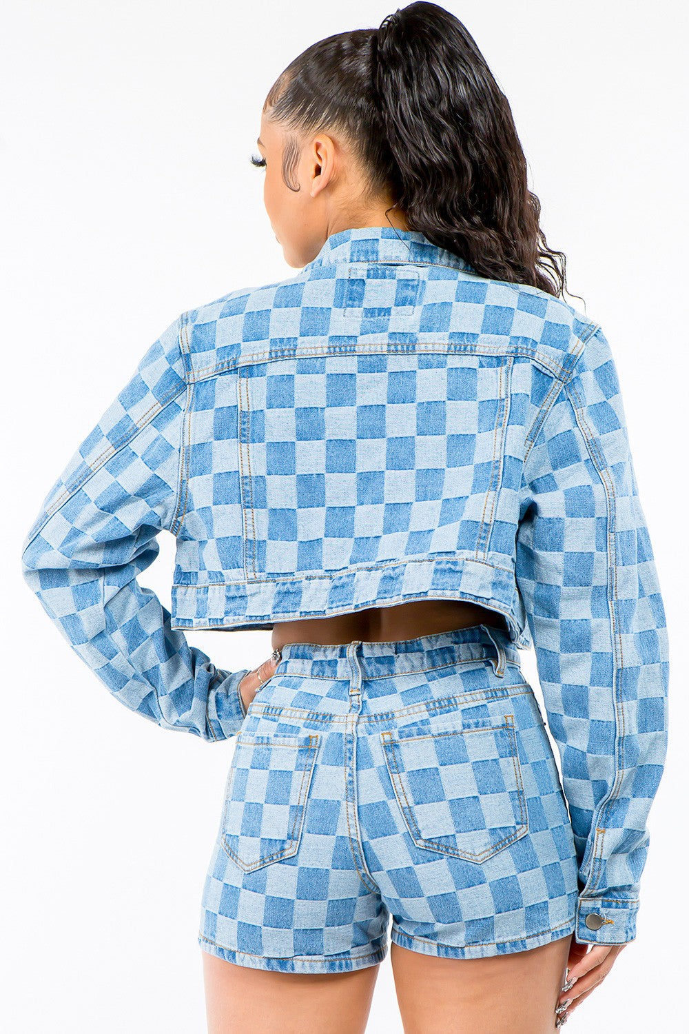 American Bazi Checkered Long Sleeve Cropped Denim Jacket  Trendsi   