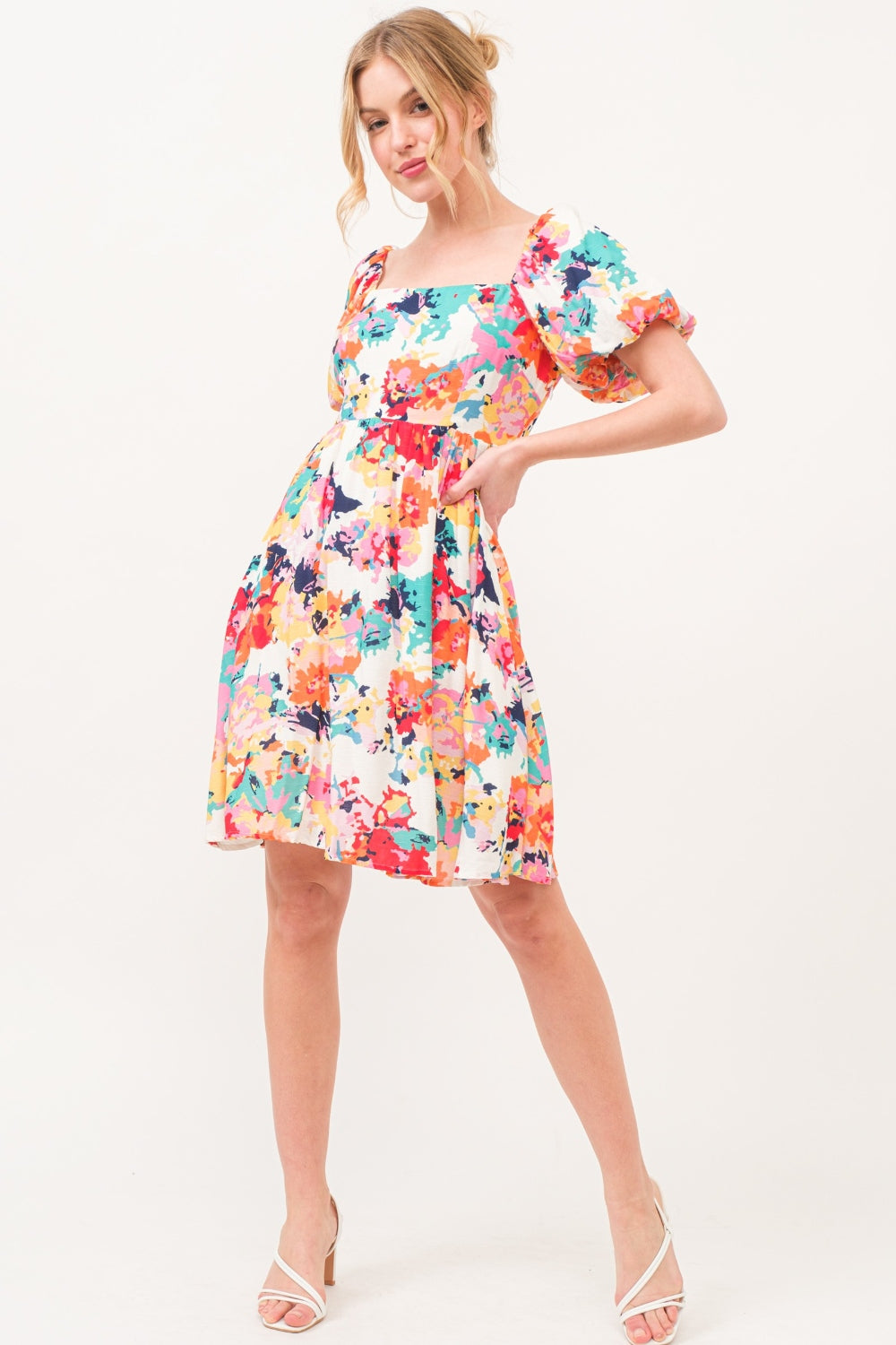 And The Why Square Neck Puff Sleeve Floral Dress  Trendsi   