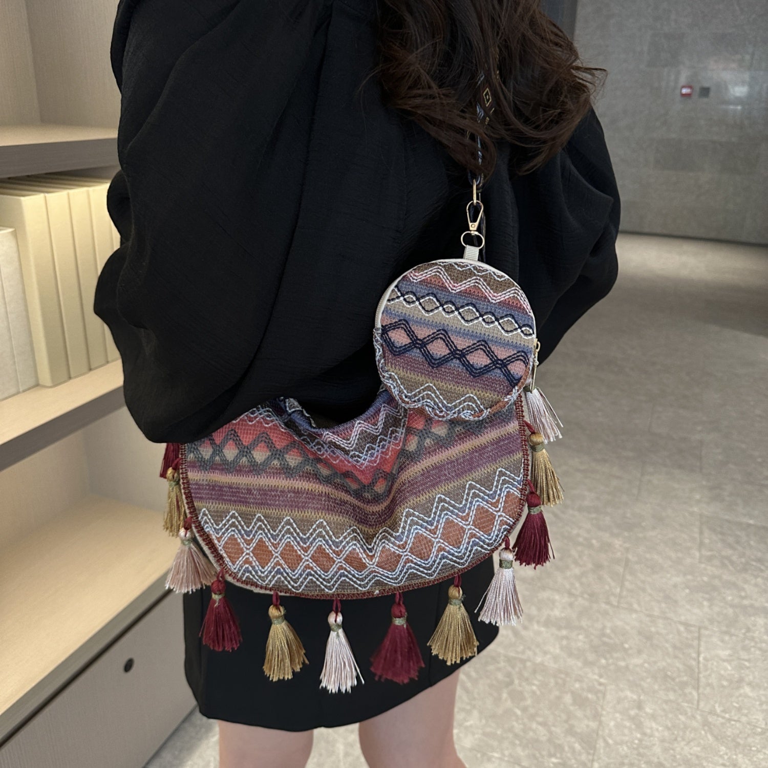 Printed Tassel Detail Crossbody Bag with Small Purse  Trendsi   