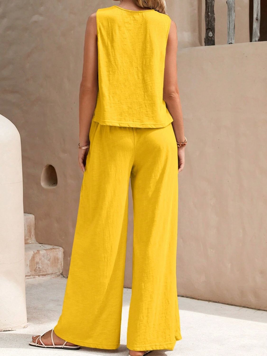 Round Neck Sleeveless Top and Wide Leg Pants Set  Trendsi   