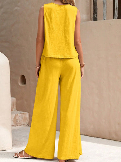 Round Neck Sleeveless Top and Wide Leg Pants Set  Trendsi   