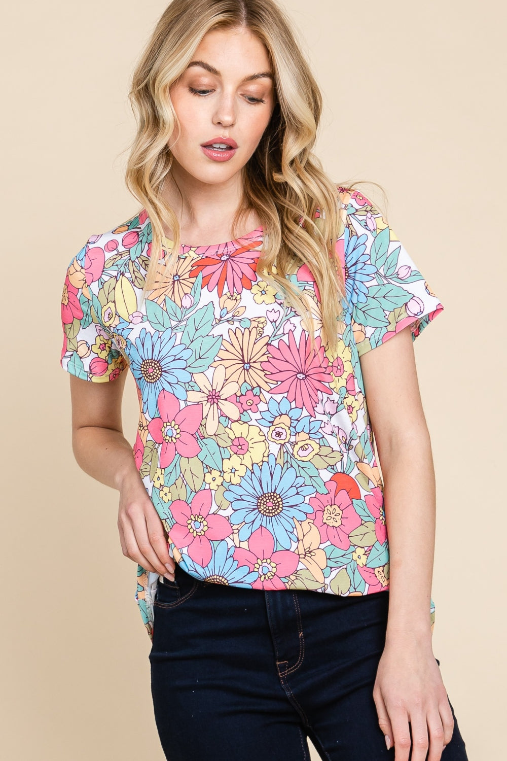 BOMBOM Floral Short Sleeve T-Shirt  Trendsi   