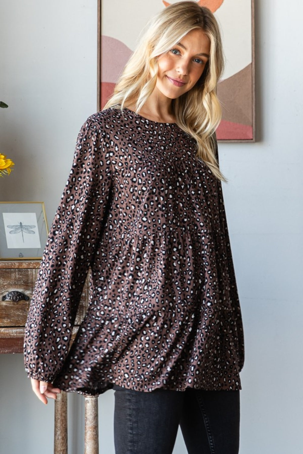 Heimish Leopard  Long Sleeve Tiered Blouse  Trendsi   