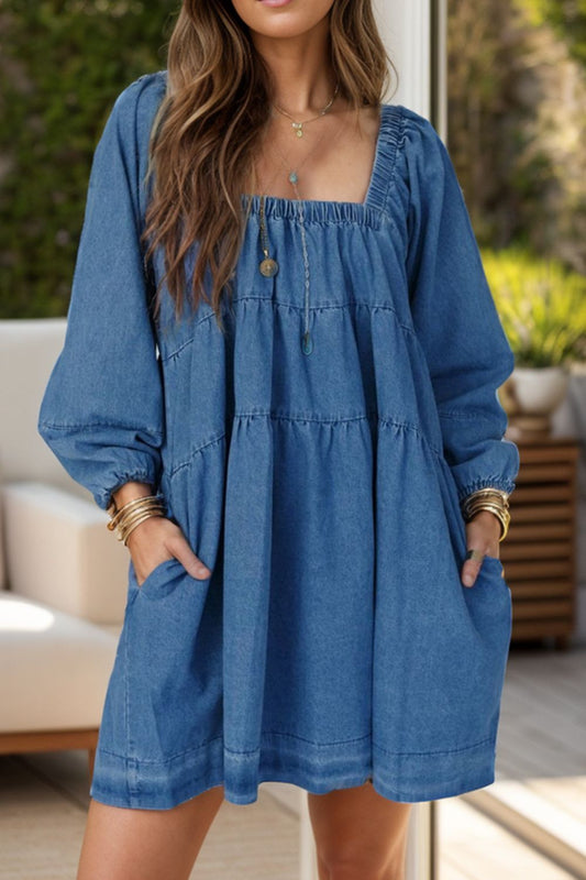 Tied Square Neck Long Sleeve Denim Dress with Pockets  Trendsi Medium S 