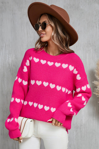 Angel Wings Heart Round Neck Long Sleeve Sweater  Trendsi Hot Pink S 