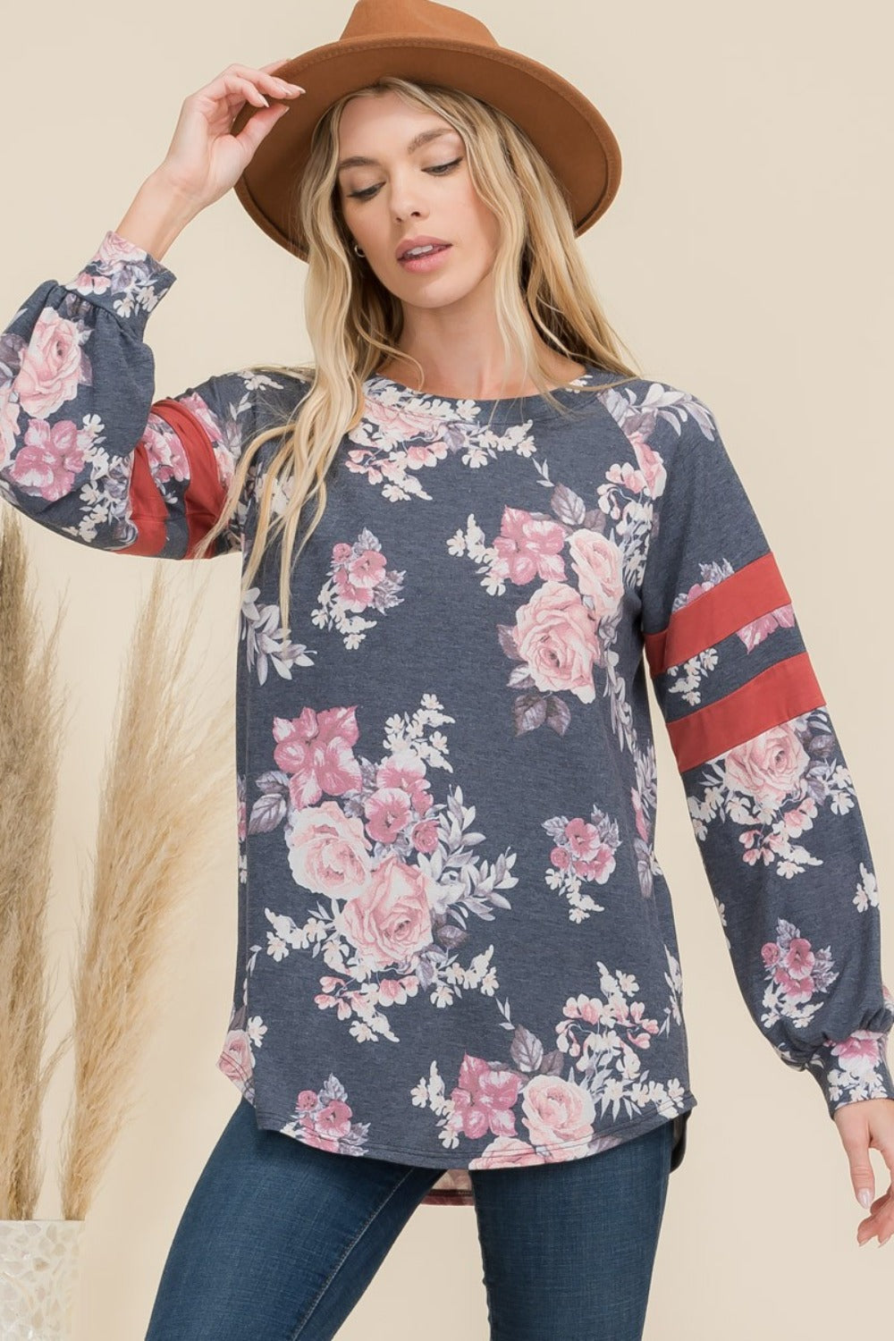 Celeste Full Size Floral Curved Hem T-Shirt with Stripe Detail  Trendsi Navy Floral S 