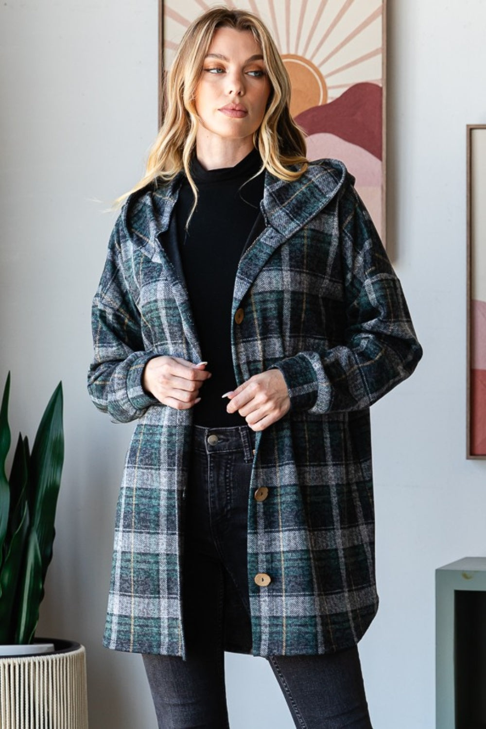 Heimish Plaid Button Down Long Sleeve Hooded Cardigan  Trendsi   