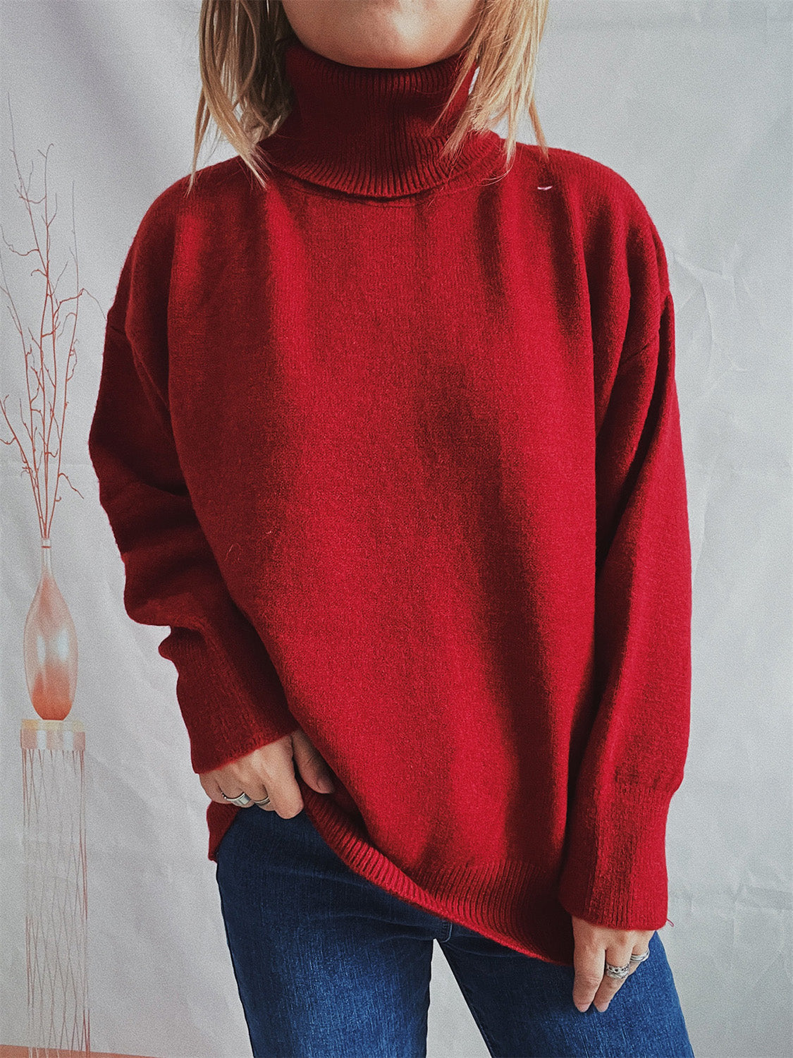 Turtleneck Long Sleeve Sweater  Trendsi Deep Red One Size 