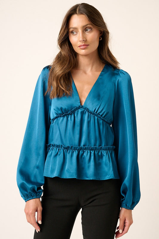 Mittoshop Satin V Neck Ruffled Tier Blouse  Trendsi Teal S 