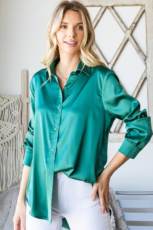 First Love Satin Long Sleeve Button Down Shirt Luxe Trendsi Hunter Green S 