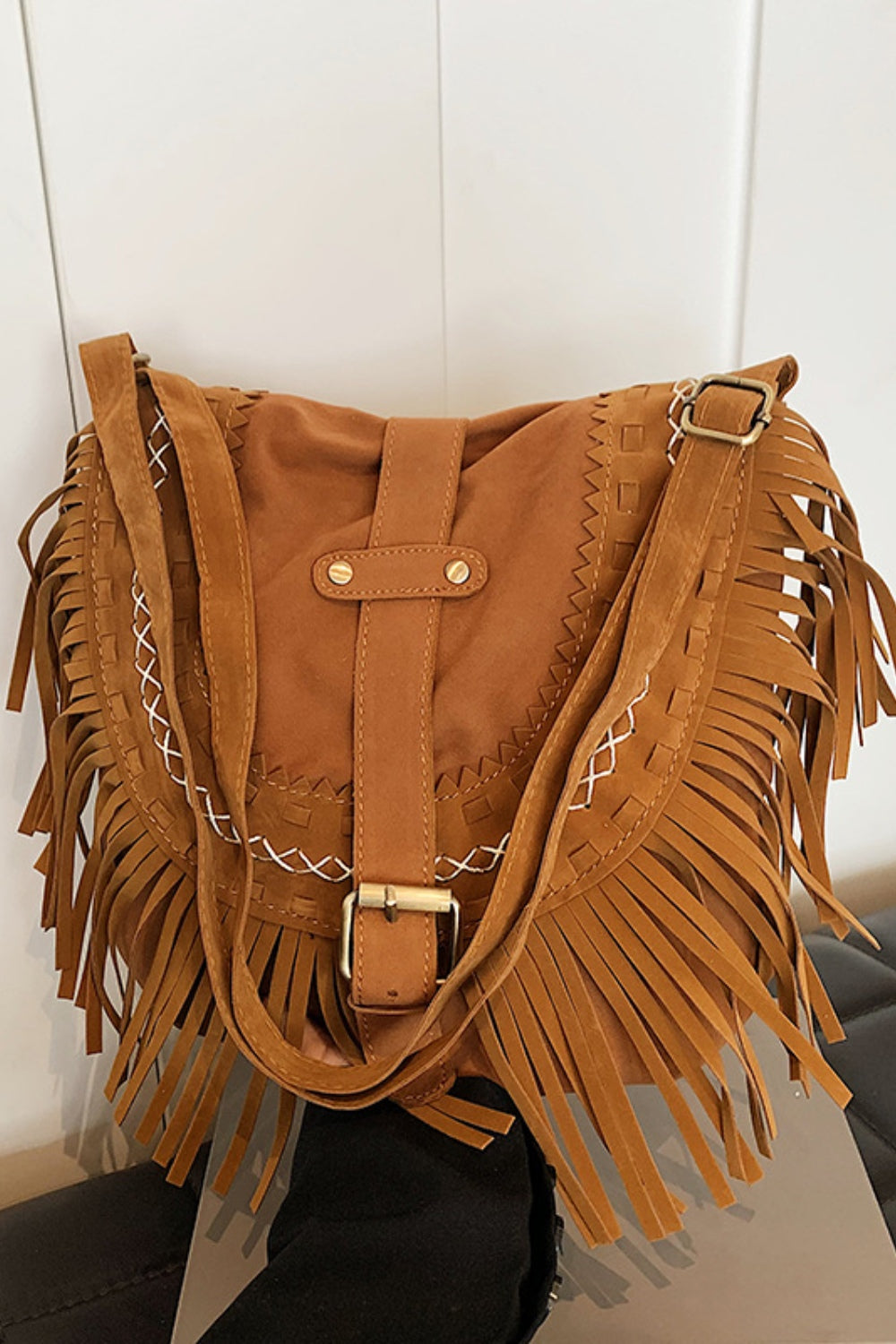 Suede Fringe Wide Strap Shoulder Bag  Trendsi   