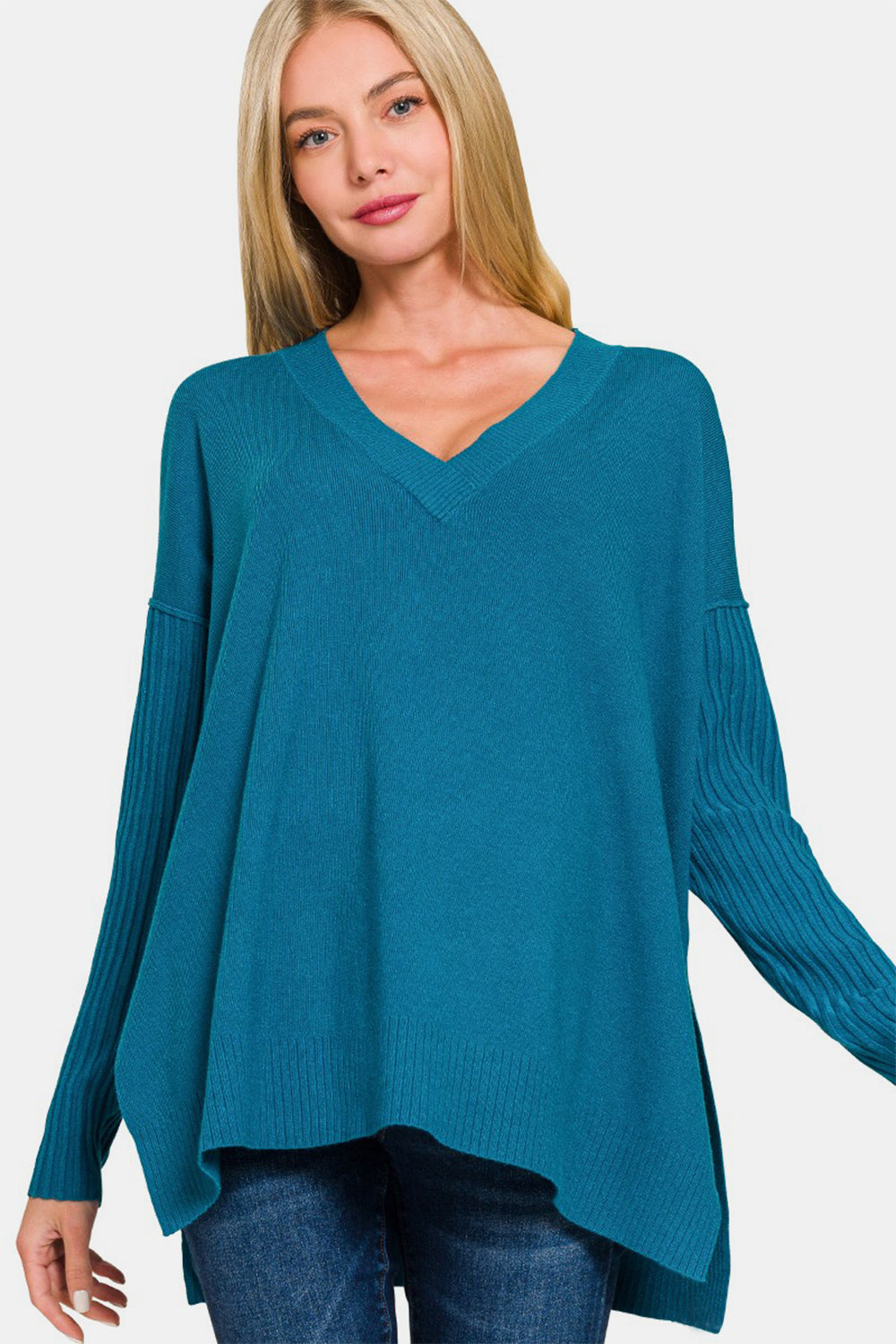 Zenana V-Neck Side Slit High-Low Sweater  Trendsi   