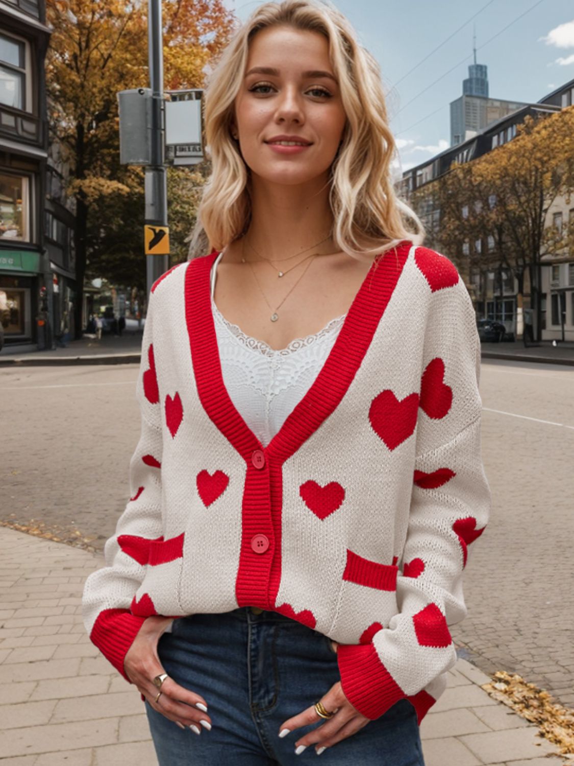 Heart Button Up Dropped Shoulder Long Sleeve Cardigan  Trendsi Beige S 