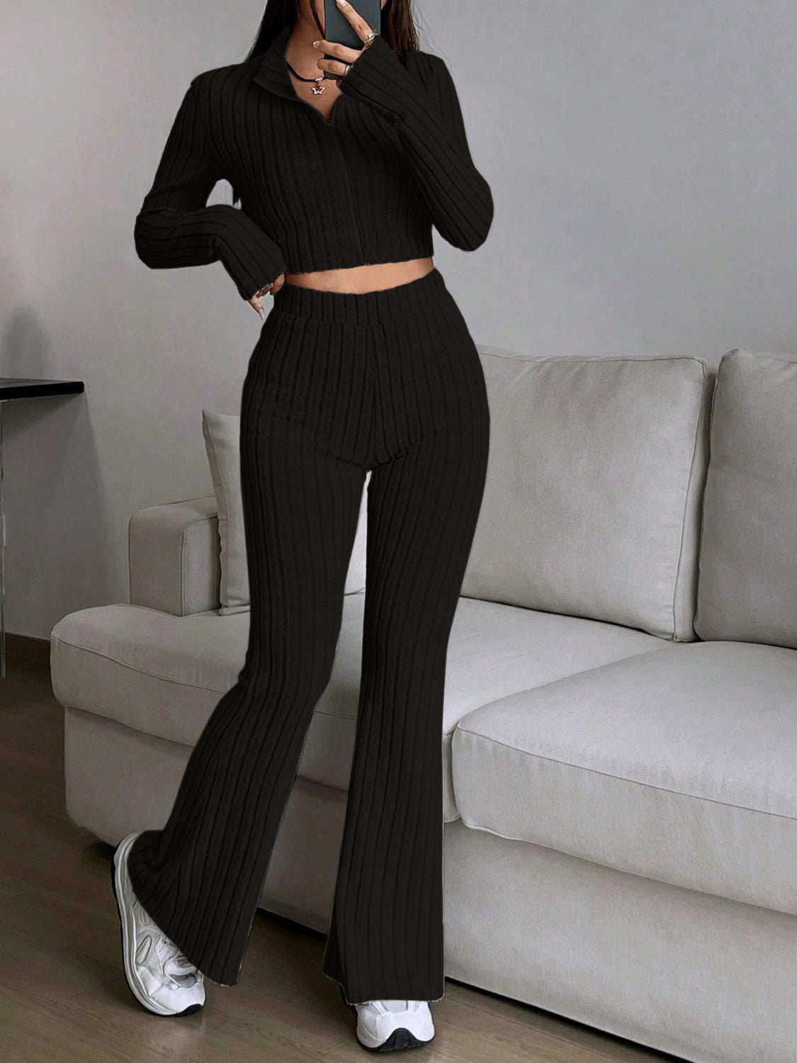 Honey Zip Up Long Sleeve Top and Pants Set  Trendsi   