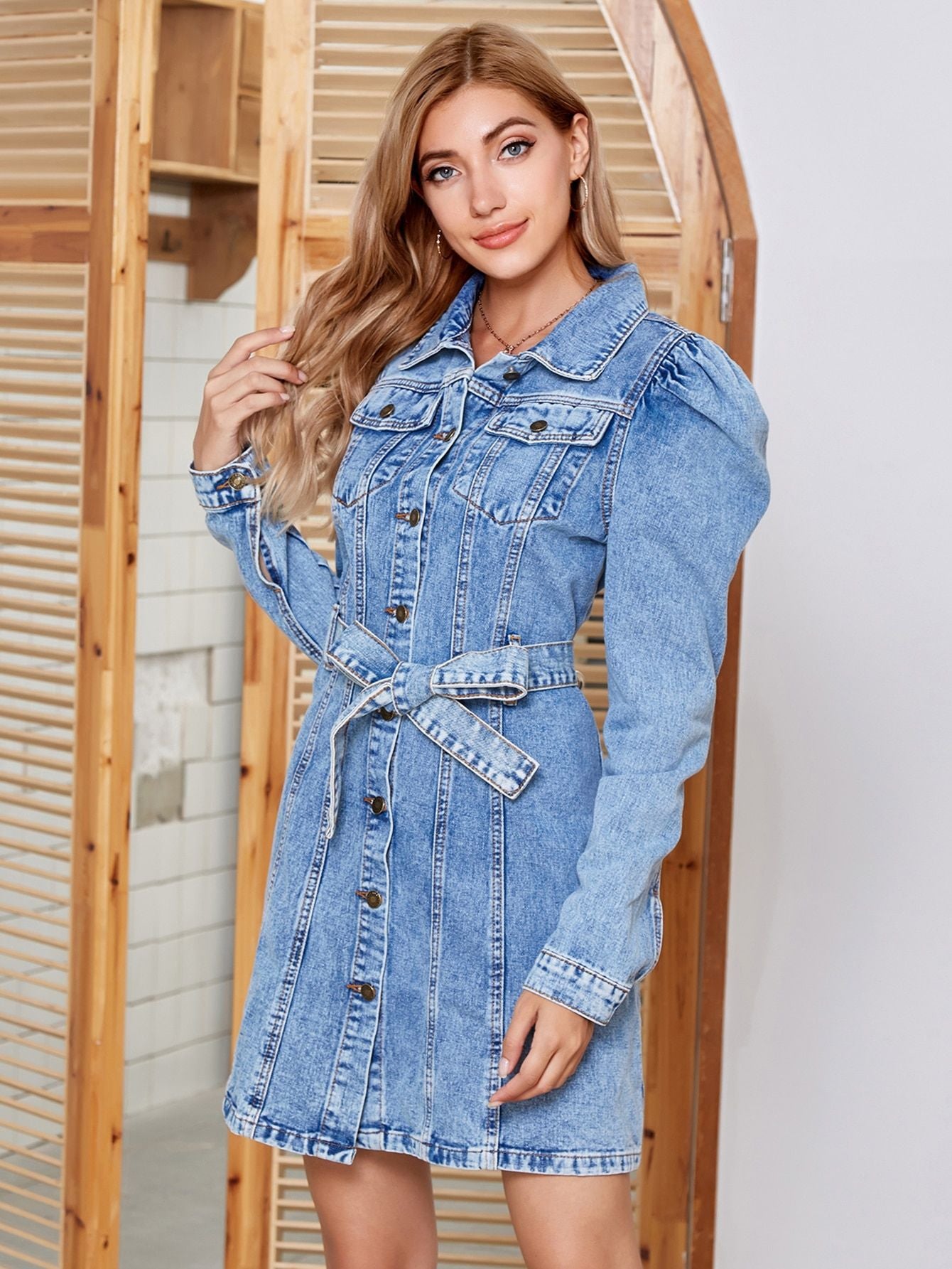 Tied Button Up Collared Neck Denim Dress Dress Trendsi   