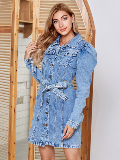 Tied Button Up Collared Neck Denim Dress Dress Trendsi   