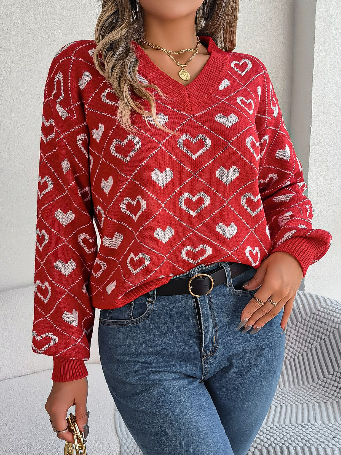 Heart Pattern V-Neck Long Sleeve Sweater  Trendsi   