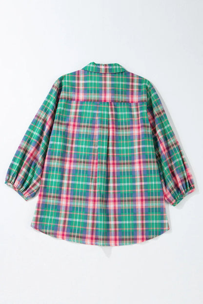 Plaid Collared Neck Three-Quarter Sleeve Blouse Blouse Trendsi   