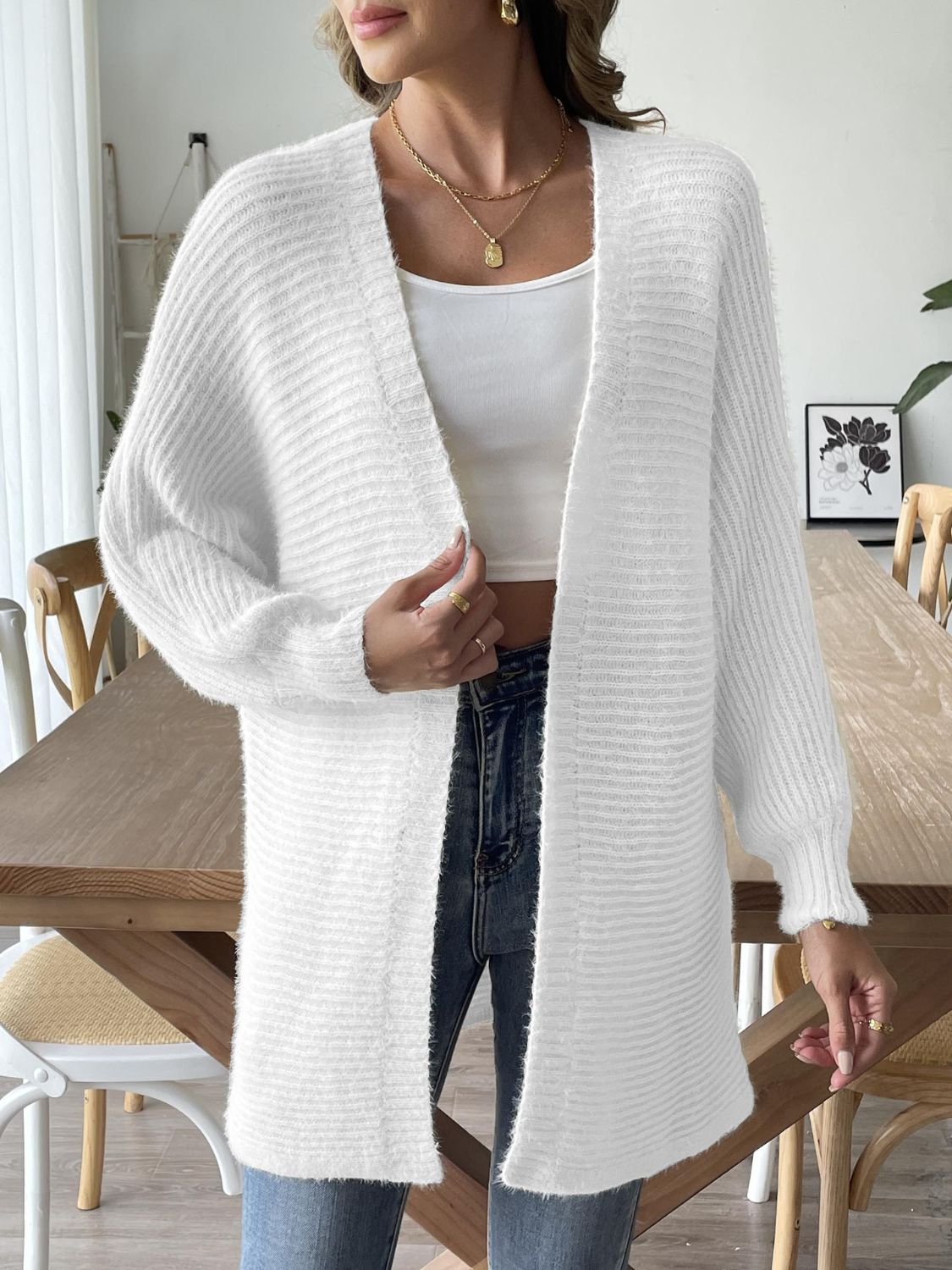 Open Front Long Sleeve Cardigan  Trendsi White S 