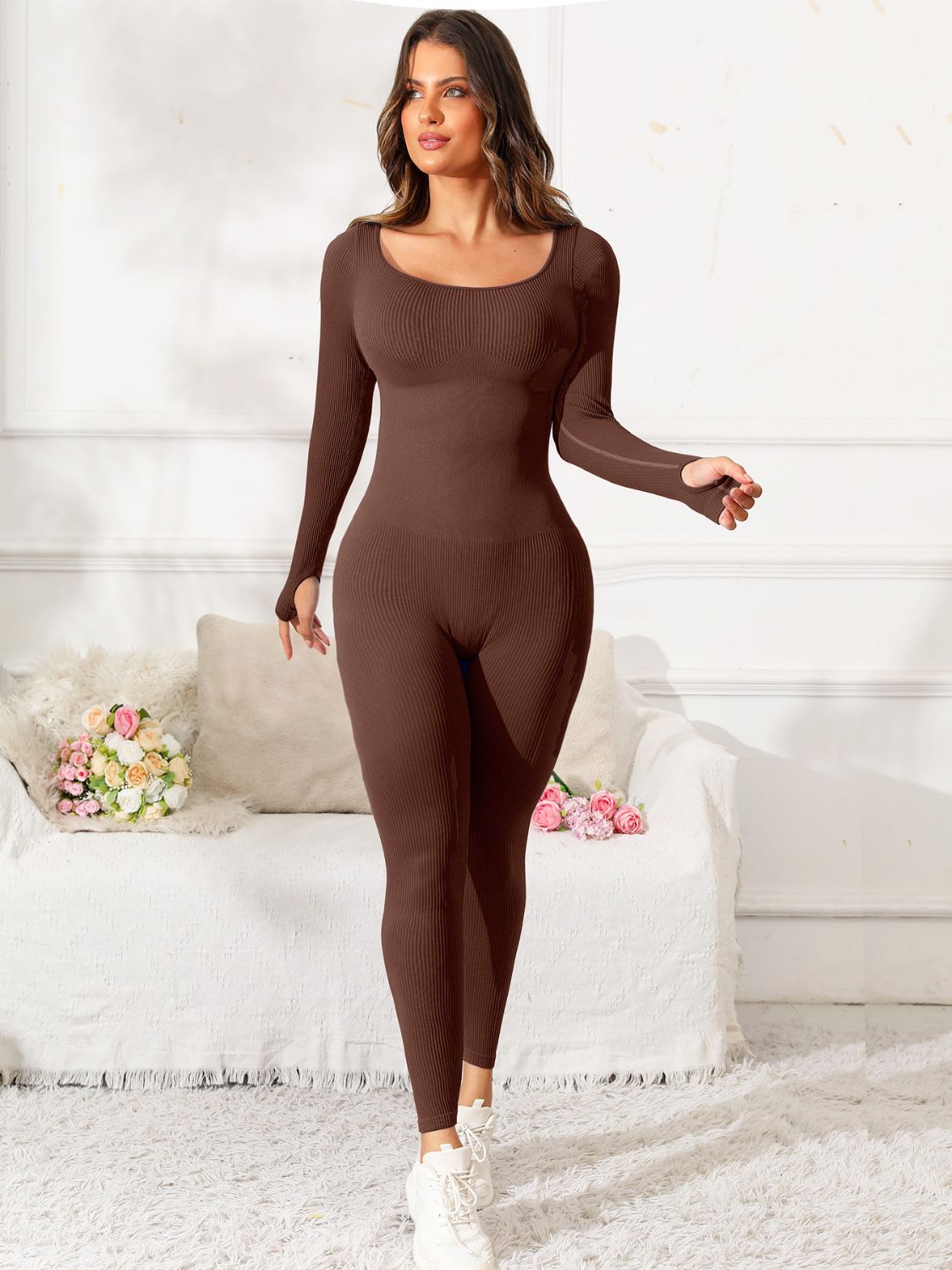 Scoop Neck Long Sleeve Active Jumpsuit  Trendsi   