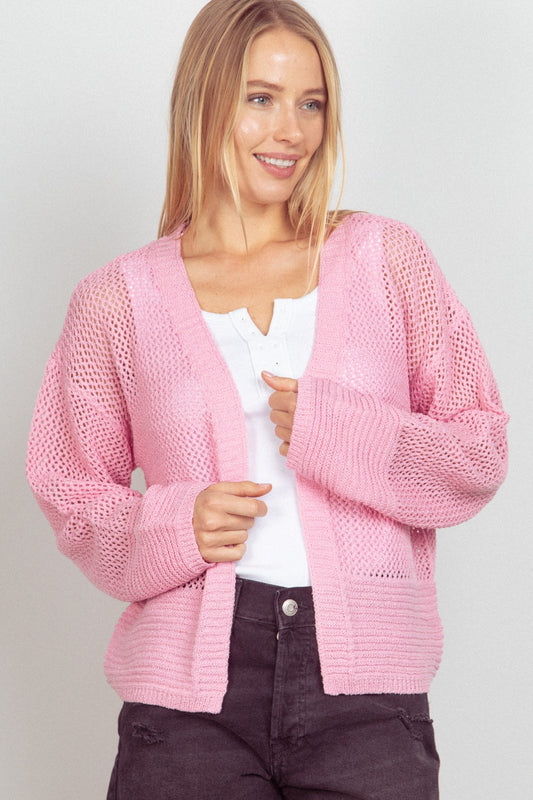 VERY J Eyelet Open Front Long Sleeve Cardigan  Trendsi PINK S 