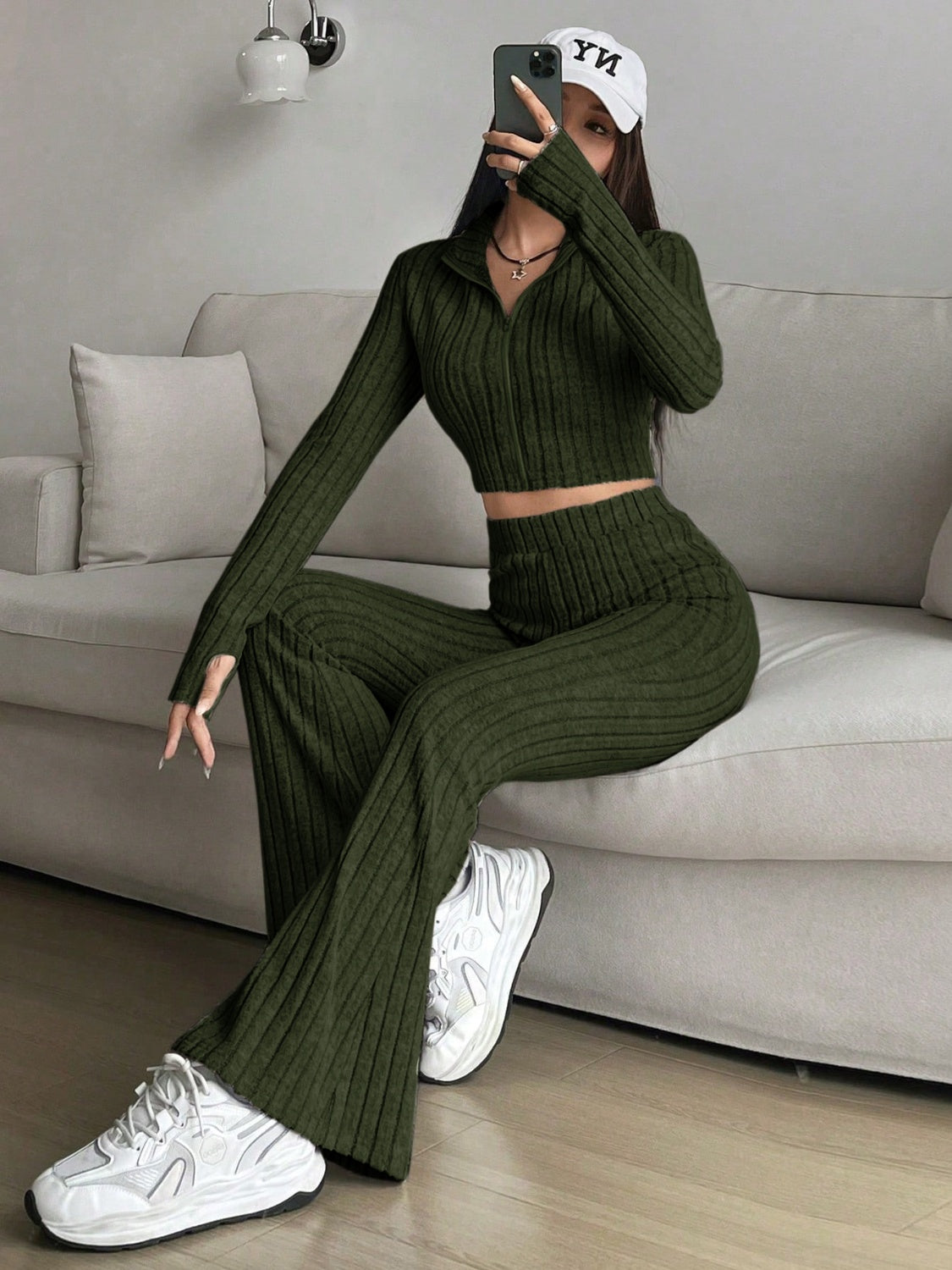 Honey Zip Up Long Sleeve Top and Pants Set  Trendsi   